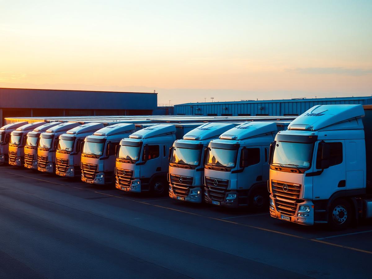 Fleet of trucks lined up at a logistics yard
