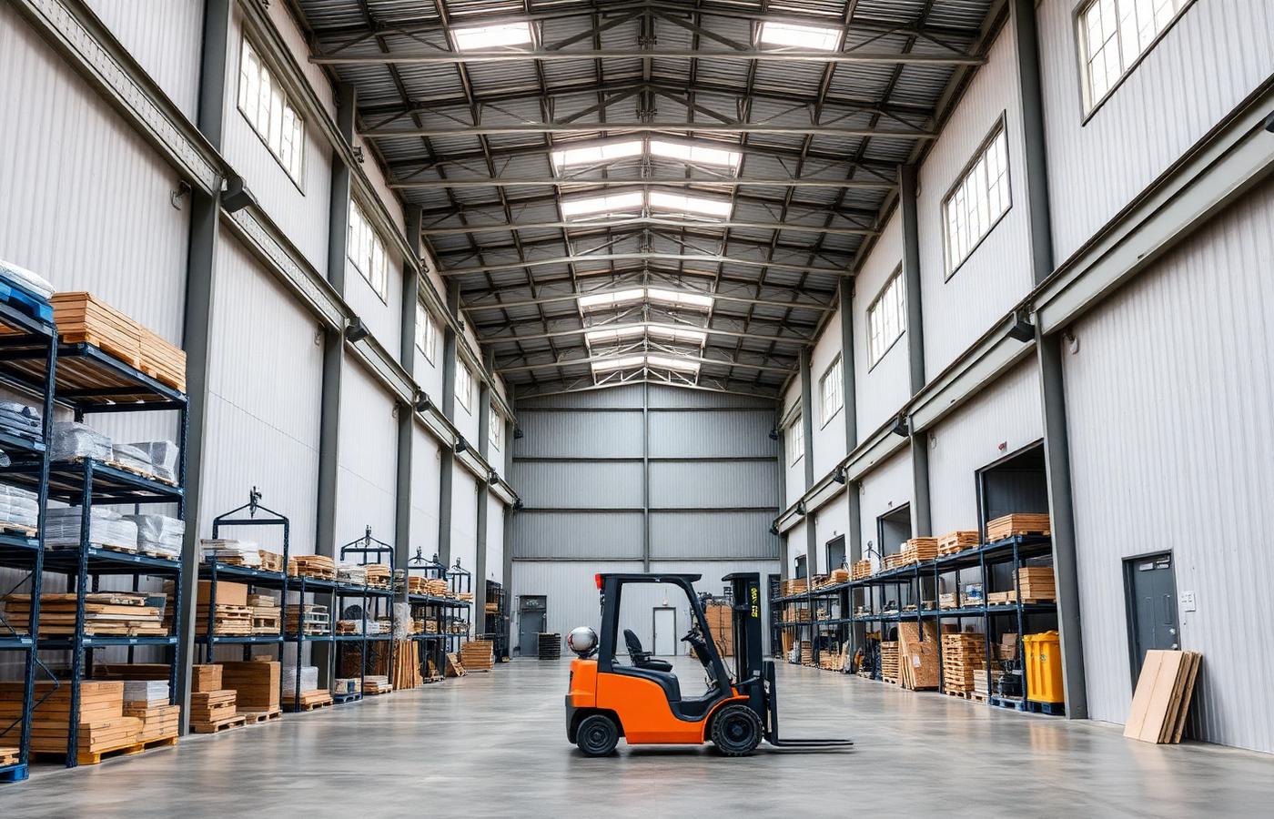 Covered warehouse with segregated raw material storage bays